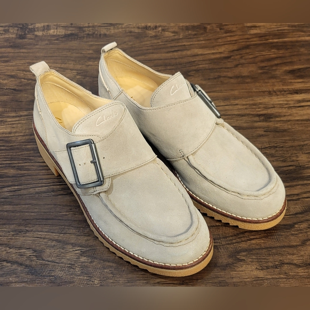 GUC Clarks Taupe Suede Buckled Loafers Size 10 | Coastal Grandmother Clean Girl